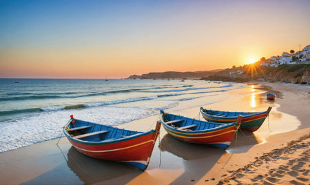 Three boats are sitting on the beach, with the sun setting in the backgroundの素材
