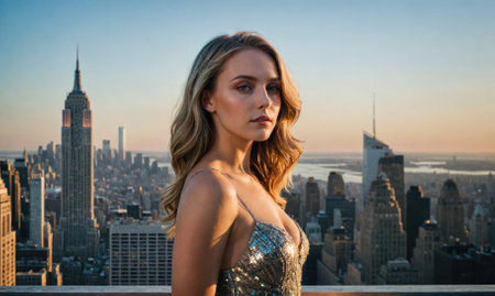 A woman stands on a rooftop in front of the Empire State Buildingの素材