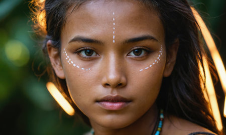 A woman with a white line on her face and a black line on her foreheadの素材