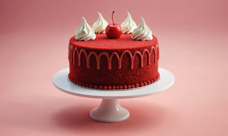A red velvet cake with white frosting and cherries on topの素材