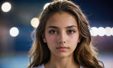 A young woman with long brown hair and a white shirtの素材