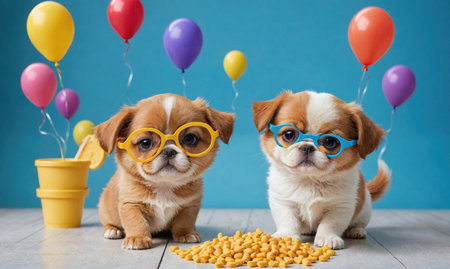 Two small dogs wearing glasses are sitting on a table with a pile of yellowの素材