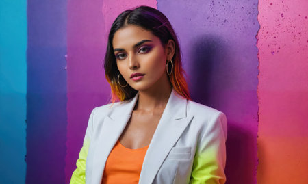 A woman in a white jacket and orange top poses in front of a colorful wallの素材