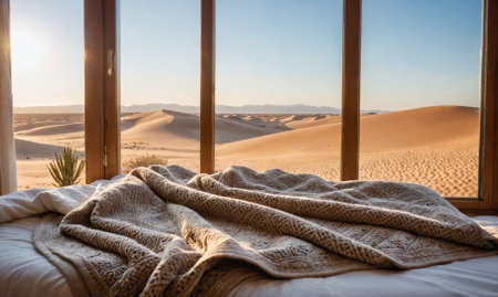 A bed with a blanket on it, with a view of the desert outside the windowの素材