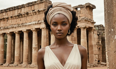 A woman wearing a white dress and a head scarf stands in front of a buildingの素材