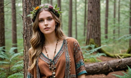A woman wearing a flower headband and a brown shirt stands in a forestの素材