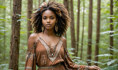 A woman wearing a brown dress and a headband is posing in a forestの素材