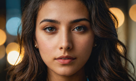 A woman with brown hair and brown eyes is looking at the cameraの素材