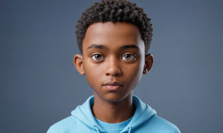 A young black boy with a blue hoodie and a blue shirtの素材
