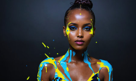 A woman with blue and yellow paint on her faceの素材