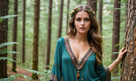 A woman wearing a green dress and a flower headband stands in a forestの素材