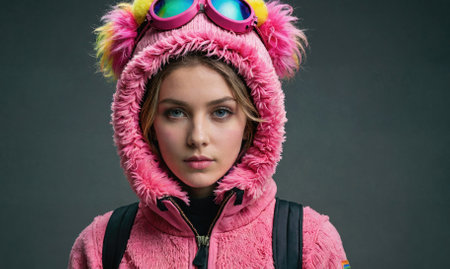 A woman in a pink hooded jacket with a pink hat and gogglesの素材