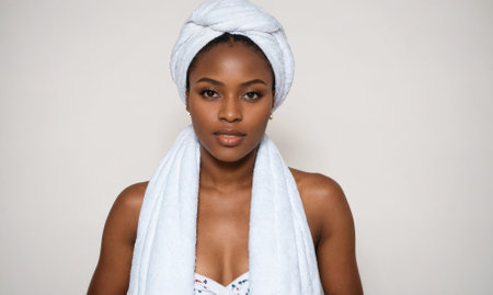 A woman with a towel wrapped around her headの素材