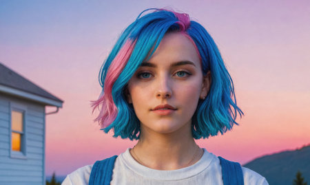 A woman with blue and pink hair is standing in front of a houseの素材