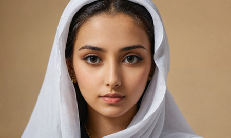 A woman with a white scarf covering her faceの素材
