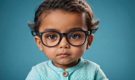 A young child wearing glasses is looking at the cameraの素材