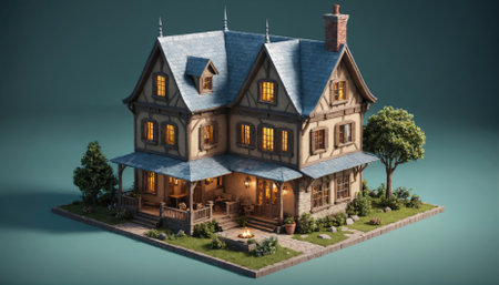 A small, charming house with a blue roof and yellow walls sits on a grassy lotの素材