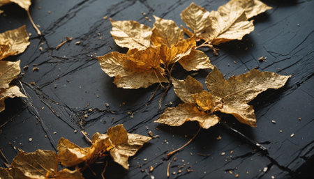 Golden leaves scattered on a black surface, a simple yet elegant display of autumnal beautyの素材