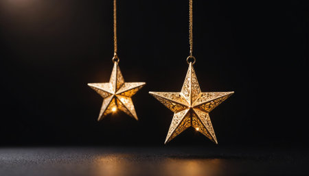 Two golden stars hang against a black background, glowing softlyの素材
