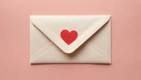 A white envelope with a red heart sticker is on a pink backgroundの素材