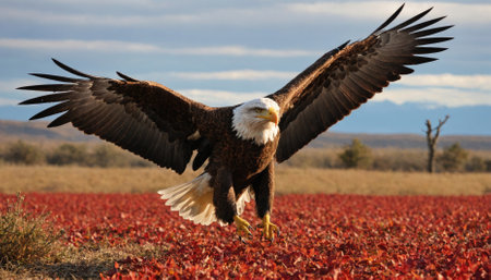 A bald eagle lands in a field of red flowers, its wings outstretched in mid-flightの素材