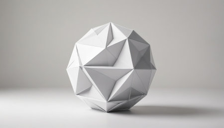 A white, geometric sphere sits on a plain surface against a light gray backgroundの素材