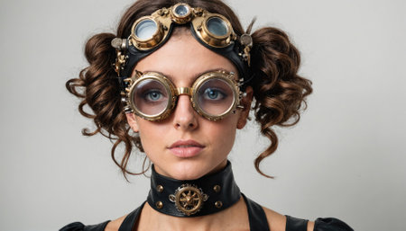 A woman with brown hair and steampunk goggles looks directly at the cameraの素材