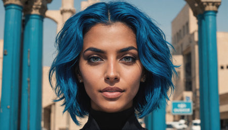 A woman with bright blue hair stands in front of a building with blue columnsの素材
