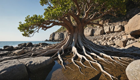 A large tree with massive roots extends out over the rocks and water on the shore of a coastal areaの素材