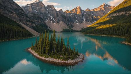 A small island covered in evergreen trees sits in the middle of a pristine turquoise lake surrounded by towering mountains in Banff National Parkの素材