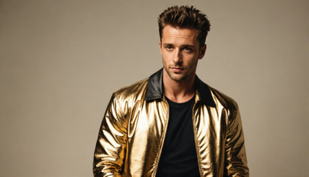 A man wearing a gold jacket looks off to the side in a studio settingの素材