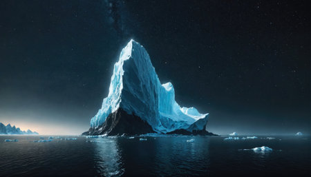 A large iceberg stands tall against a starry night sky, its icy peak reflecting the moonlightの素材