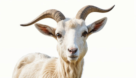 A white goat with large horns stares directly at the cameraの素材