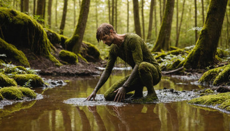 A man covered in moss kneels in a muddy stream, surrounded by tall trees and moss-covered rocksの素材