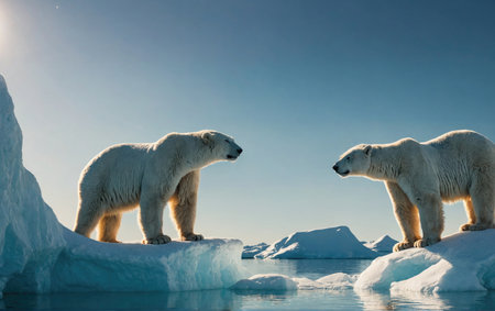 Two polar bears stand on separate ice floes in the Arctic, facing each otherの素材