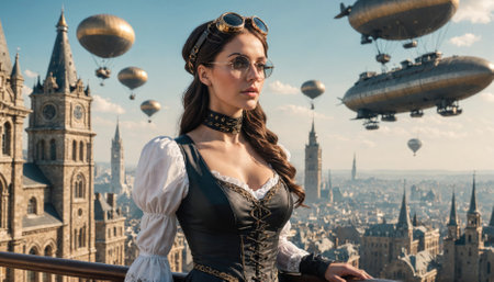 A woman wearing steampunk goggles stands on a rooftop, overlooking a city filled with hot air balloons and airshipsの素材