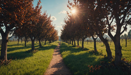 A dirt path winds through a grove of trees on a sunny dayの素材