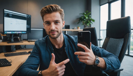 A man is holding a smartphone and looking at the camera in a modern office settingの素材