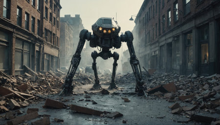 A large mechanical robot walks through a city street covered in debrisの素材