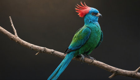 A vibrant blue and green bird with a red crest perches on a branchの素材