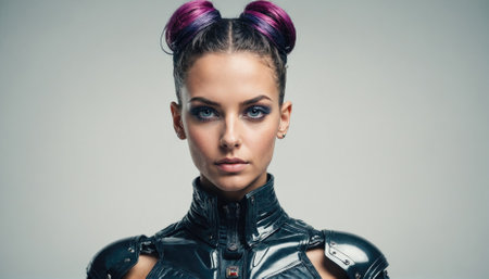 A woman with dark hair and a pink streak stands against a white background, wearing a black, leather outfit with armor and a serious expressionの素材