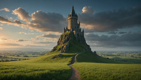 A stone castle sits atop a grassy hill with a winding path leading up to it, as the sun sets over the landscapeの素材