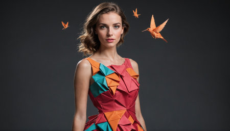 A woman stands against a gray backdrop, wearing a red dress with blue and orange accentsの素材