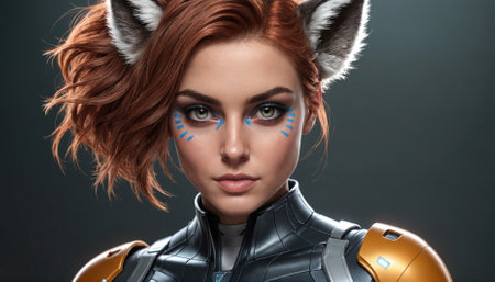 A woman with red hair and fox ears looks intensely at the camera, wearing blue eyeliner and a black and orange suitの素材