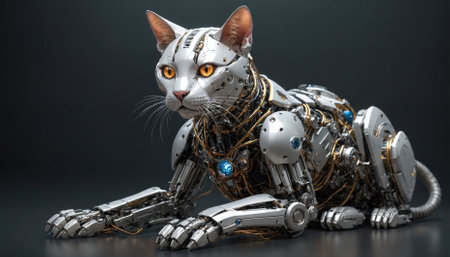 A robotic cat with detailed metal plating and exposed wires is lying down on a dark surfaceの素材