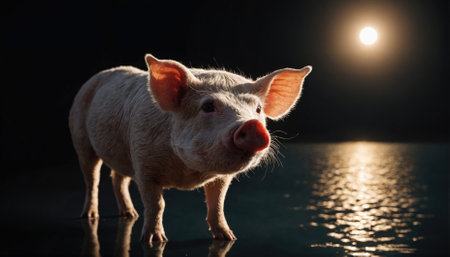 A pig stands in the water under a bright moon, looking up at the night skyの素材