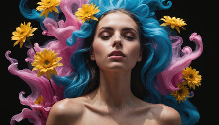 A woman with blue and pink hair lies surrounded by yellow flowers against a black backgroundの素材