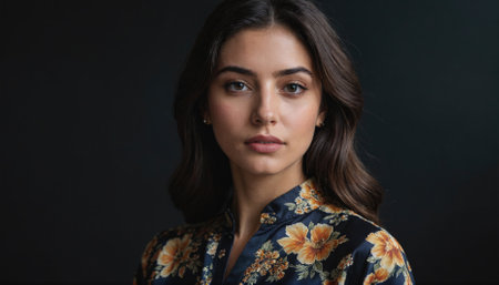 A woman with dark hair and a floral shirt looks directly at the cameraの素材