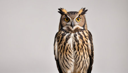A brown owl with yellow eyes stares intensely at the cameraの素材