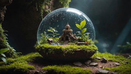 A miniature stone castle sits nestled in a terrarium, surrounded by moss and small plants, all encased in a glass domeの素材